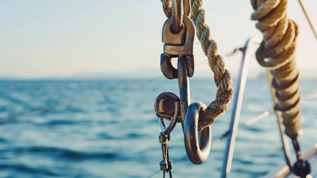 Detailed closeup of sailing hardware and robust ropes on a boat with the tranquil sea in the background evoking adventure