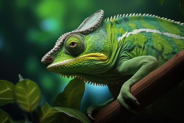 Photo a detailed closeup shot of a green chameleon perched on a branch detailed green chameleon closeup ai generated