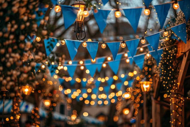 Photo a detailed closeup of traditional oktoberfest decorations including blue and white bunting flower