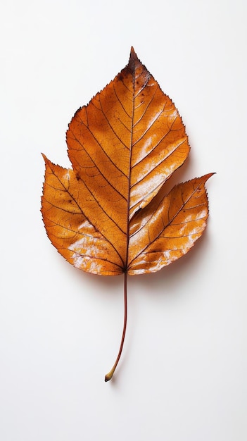 Detailed closeup of a vibrant orange autumn leaf resting against a neutral background showcasing natures seasonal beauty and textures