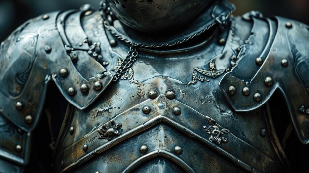 Photo a detailed closeup view of a metal armor with a chain attached perfect for historical or fantasythemed projects