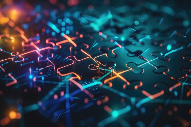 A detailed closeup view of a single puzzle piece with curved edges displaying intricate patterns and interlocking mechanisms Connecting puzzles pieces into a blockchain structure AI Generated