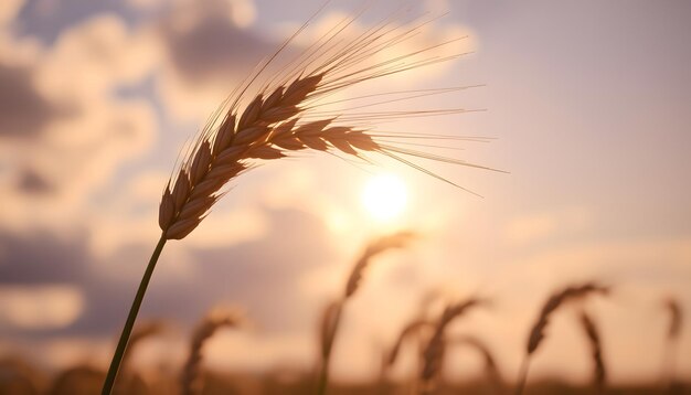 Detailed closeup of wheat head spikelet waving in wind with setting sun and purple sky clouds out