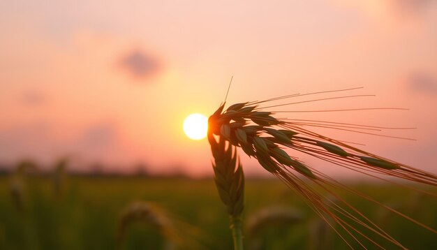 Detailed closeup of wheat head spikelet waving in wind with setting sun and purple sky clouds out