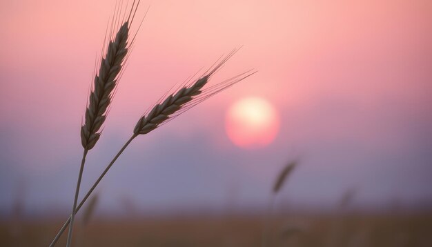 Detailed closeup of wheat head spikelet waving in wind with setting sun and purple sky clouds out