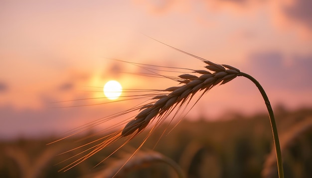 Detailed closeup of wheat head spikelet waving in wind with setting sun and purple sky clouds out