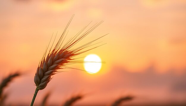 Detailed closeup of wheat head spikelet waving in wind with setting sun and purple sky clouds out