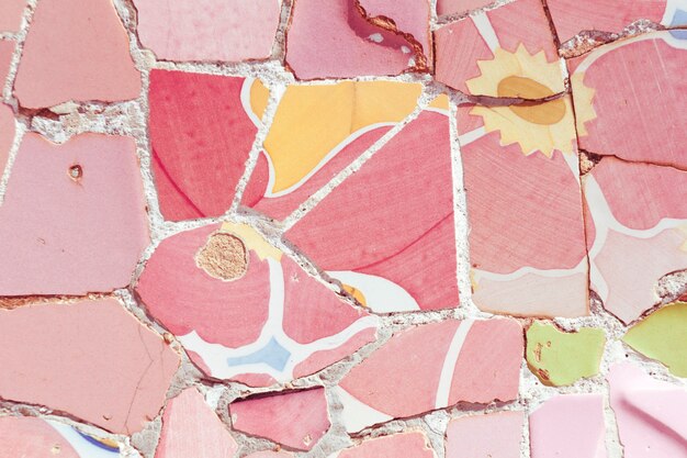 Detailed  colorful mosaic ornament fragment from Park Guell, Barcelona, creation of Antonio Gaudi