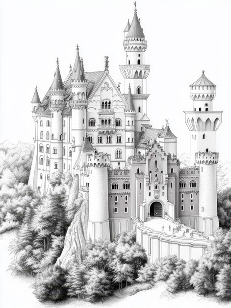 Photo detailed coloring book page showcasing a majestic castle with intricate towers surrounded by lush gardens in black and white