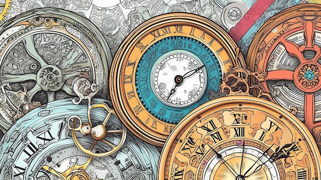 Detailed comic style various sized clocks with cogs overlapping vector clean lines coloring page