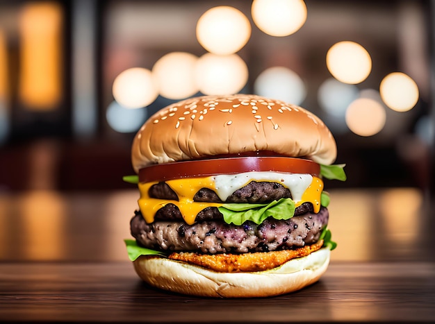 Detailed cozy burger restaurant with warm lighting