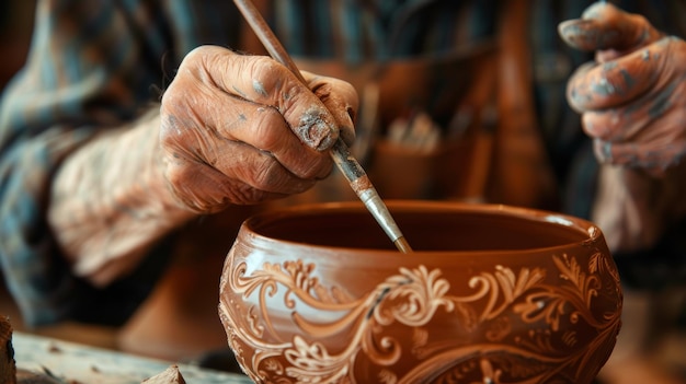 Detailed Craftsmanship Potter Carefully Painting Intricate Designs on a Ceramic Bowl