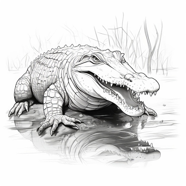 Detailed Crocodile Pencil Drawing In The Style Of Adrianus Eversen