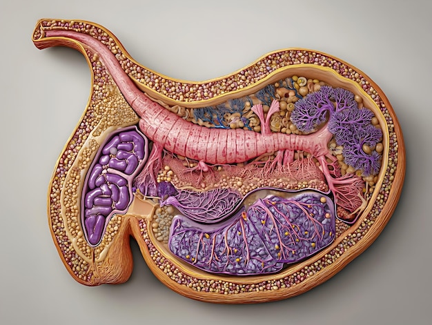 Photo detailed cross section of a healthy human pancreas showcasing its intricate anatomical structures and functions