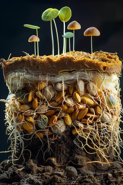 A detailed crosssection showing the germination process with sprouts emerging from seeds in soil