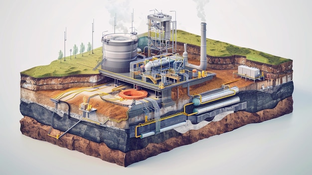 Detailed cutaway illustration of an industrial facility with underground layers showing oil extrac