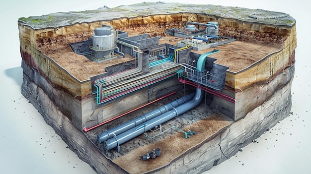 Detailed cutaway illustration of an industrial facility with underground layers showing oil extract