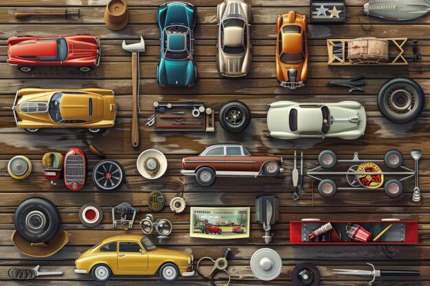 Photo detailed depiction of car enthusiast culture with a collection of cars tools magazines and trophies