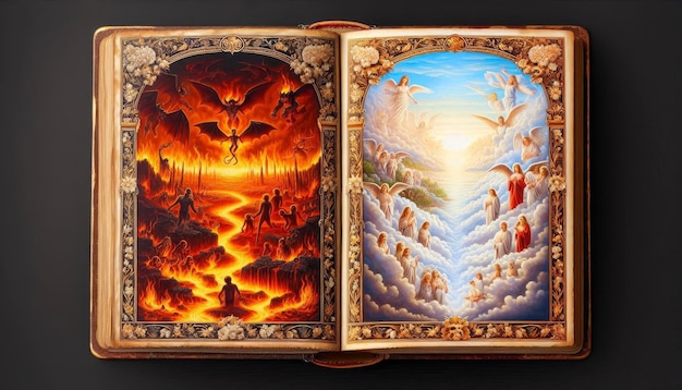 A detailed depiction of heaven and hell displayed as two pages in an antique open book