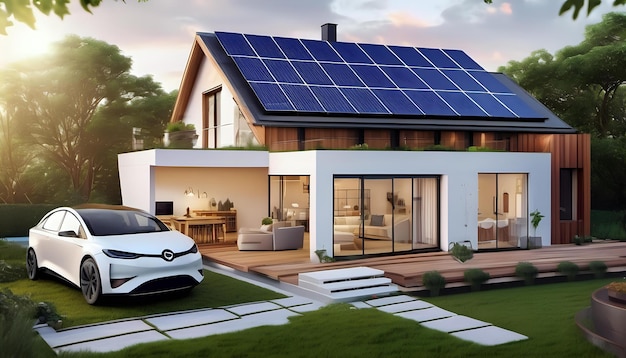 A detailed diagram of a modern energyefficient home with solar panels AI Generativ