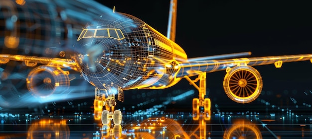 Photo detailed digital twin of aircraft analyzed by aerospace engineers for performance optimization