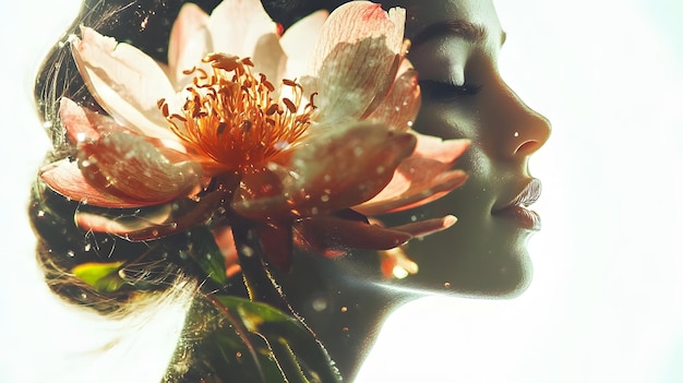 A detailed double exposure image blending the contours of a human face with a blooming flower