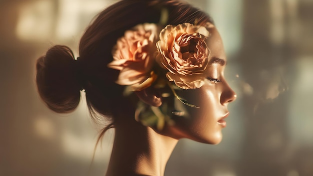 A detailed double exposure image blending the contours of a human face with a blooming flower