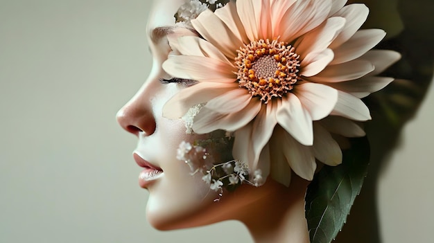 A detailed double exposure image blending the contours of a human face with a blooming flower