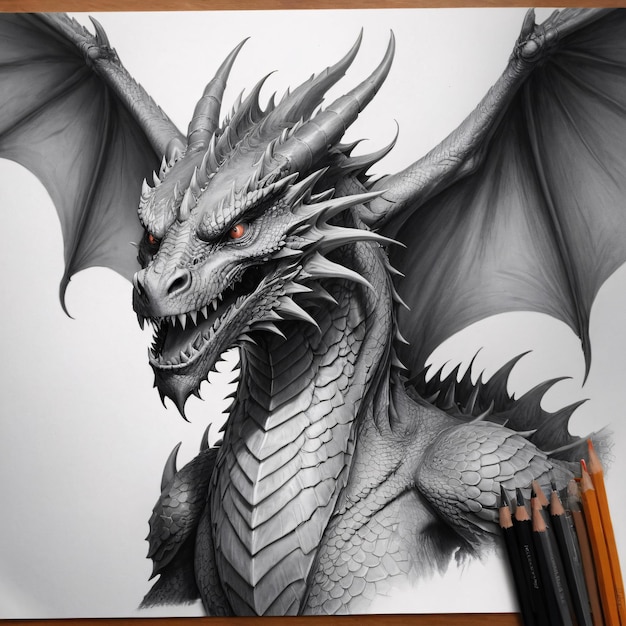 Photo detailed dragon illustration in grayscale