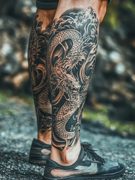 Photo detailed dragon tattoo wrapping around a strong leg