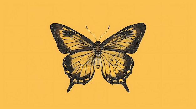 Photo a detailed drawing of a black butterfly isolated on a yellow background