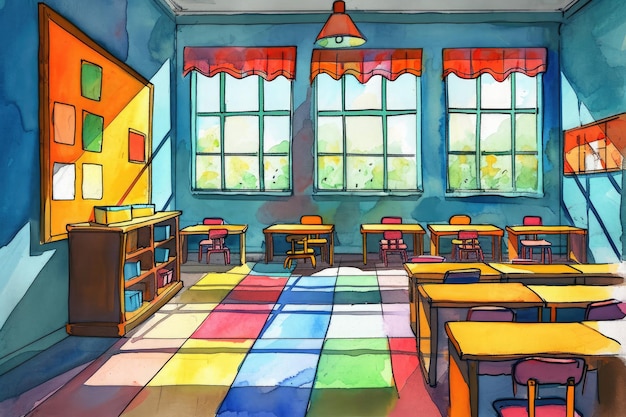 A detailed drawing of a classroom with neatly arranged desks and chairs Colorful drawing of a silent empty kindergarten classroom AI Generated