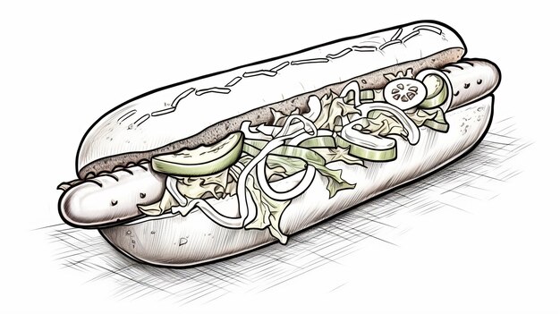 Detailed Drawing Of A Hot Dog With Onions Peppers And More