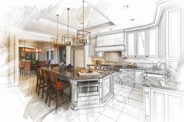 A detailed drawing of a kitchen adorned with a table and chairs exuding warmth and coziness