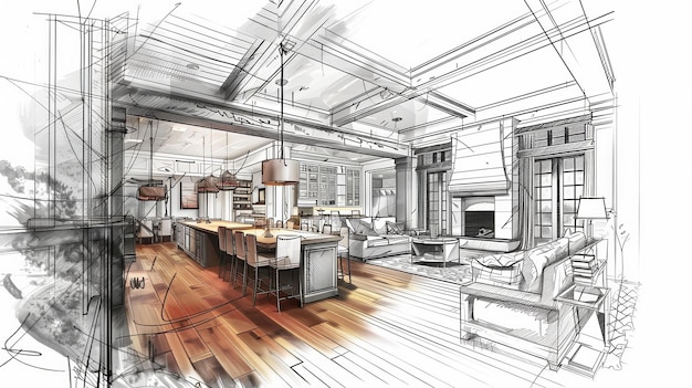 A detailed drawing showcasing the seamless fusion of a living room and kitchen with carefully planne