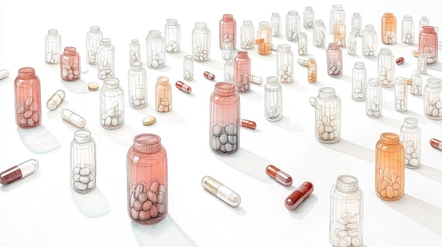 A detailed drawing of a variety of pills