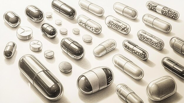 Photo a detailed drawing of a variety of pills