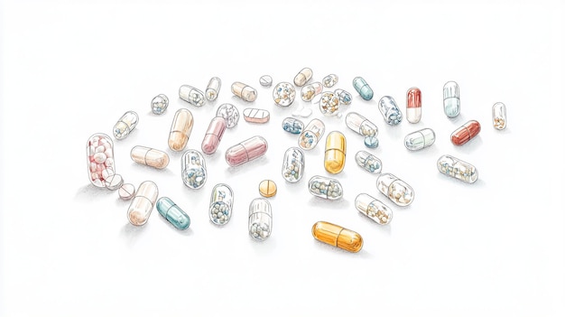 Photo a detailed drawing of a variety of pills