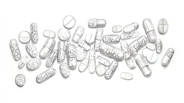 A detailed drawing of a variety of pills