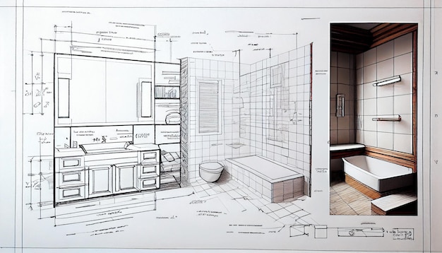 Detailed drawings of plans for a bathroom Generative AI