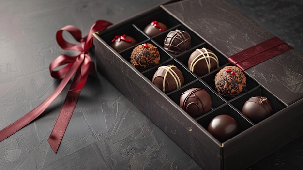 A detailed elegant box of chocolate truffles adorned with a vibrant red ribbon Generative AI