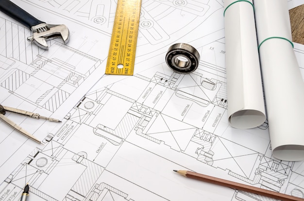 Detailed engineering drawing on paper - close up