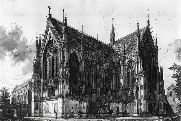 Detailed engraving of historic Gothic cathedral architectural intricacy