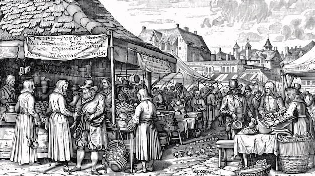 Detailed engraving of an oldworld market scene with vendors and shoppers