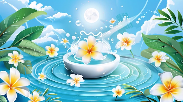 Detailed EPS 10 vector of the Songkran water festival scene showing flowers floating in a water bowl dynamic water splashes surrounded by tropical leaves white flowers and a bright blue circular