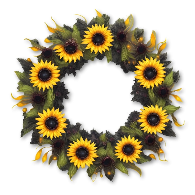 Detailed Fantasy Sunflower Wreath Illustration Captivating Floral Flow