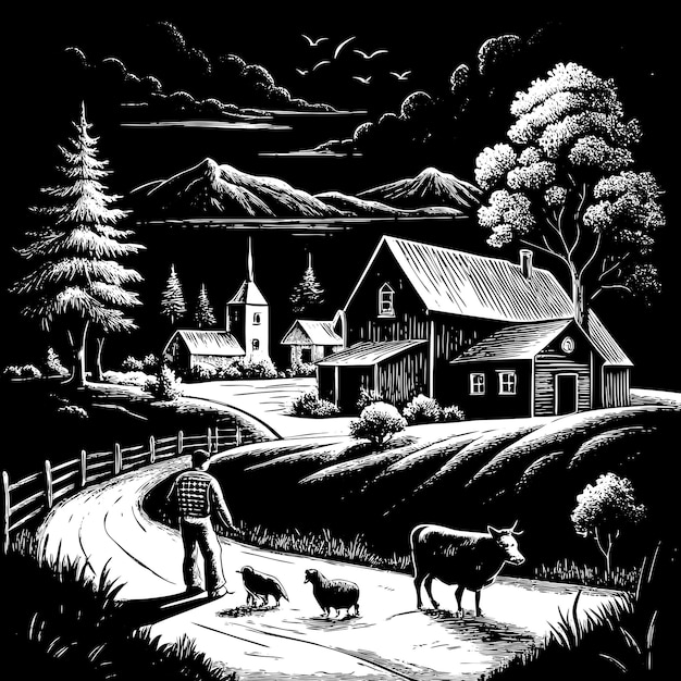 Detailed Farm Life Illustration Black and White