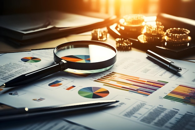 Detailed Financial Analysis Magnifying Glass Over Data Charts and Reports