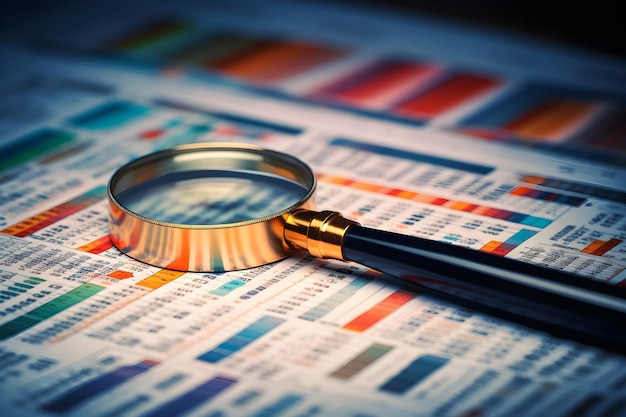 Detailed Financial Analysis Magnifying Glass Over Data Charts and Reports