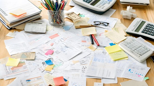 Photo a detailed financial plan on a table with pens highlighters and sticky notes illustrating the intricacies of financial planning and analysis realistic photos